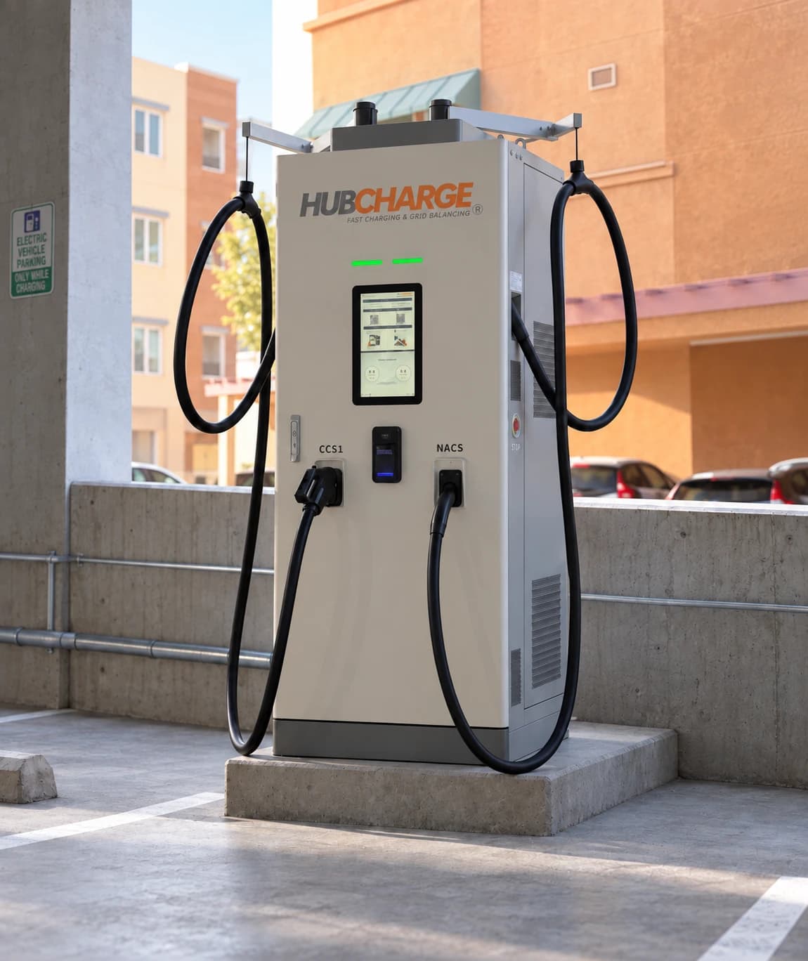 停车楼内配有 CCS1 与 NACS 充电枪的 HubCharge 直流快充桩